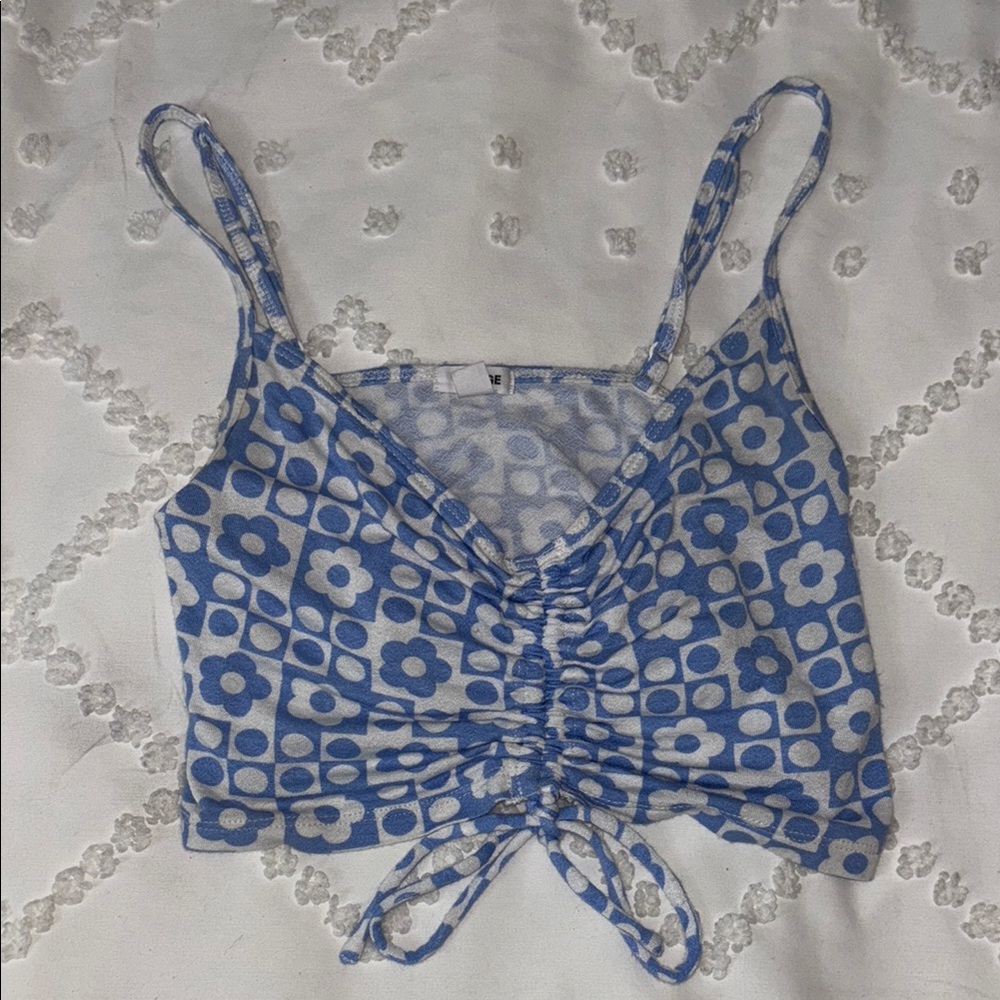 Garage Blue and White Ruched Tie Front Crop Top